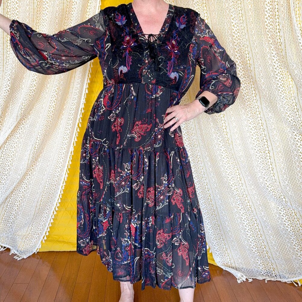 Reba Black Lace Up Paisley Print Metallic Bohemian Embroidered Maxi Dress XL - Picture 4 of 17